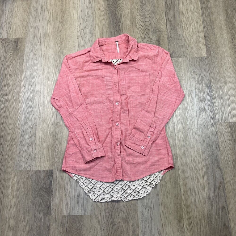 Free People Shirt Womens Small Pink Button Down Lace Back Boho Casual Top Blouse